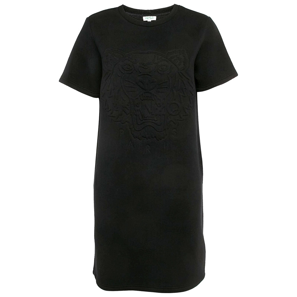 KENZO Black Tiger Embossed Jersey Crewneck T Shirt Dress Short Sleeve Texture XS